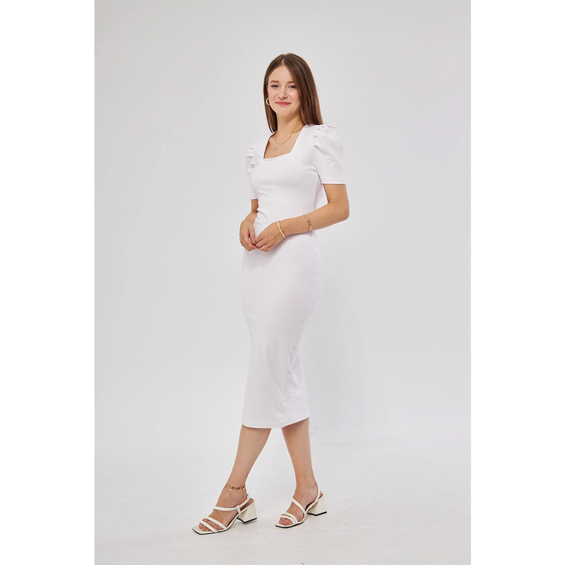 White Square Neck Puff Sleeves Bodycon Dress | Montivo Pakistan