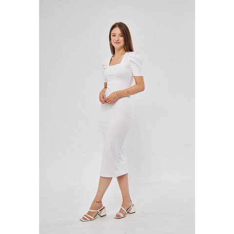 White Square Neck Puff Sleeves Bodycon Dress | Montivo Pakistan