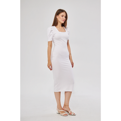White Square Neck Puff Sleeves Bodycon Dress | Montivo Pakistan
