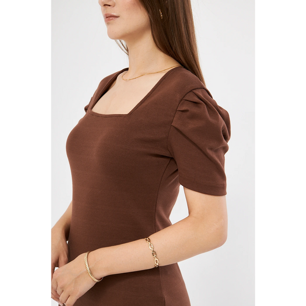 Brown Square Neck Puff Sleeves Bodycon Dress | Montivo Pakistan