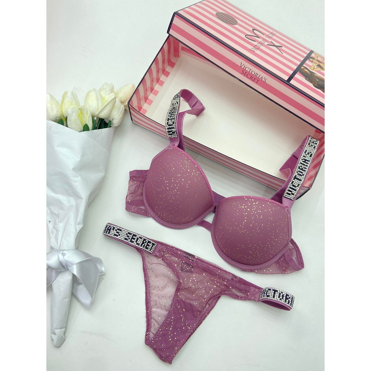VS Cherry Pink Shimmer Lingerie Set | Montivo Pakistan