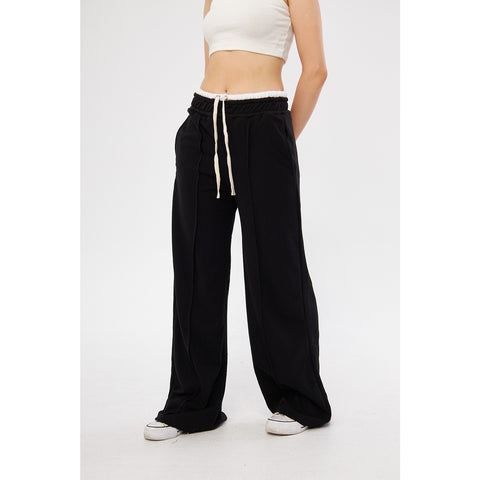 Black Wide Leg Belt Contrast Trousers | Montivo Pakistan