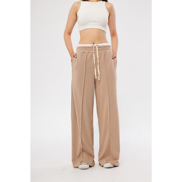 Beige Wide Leg Belt Contrast Trousers | Montivo Pakistan