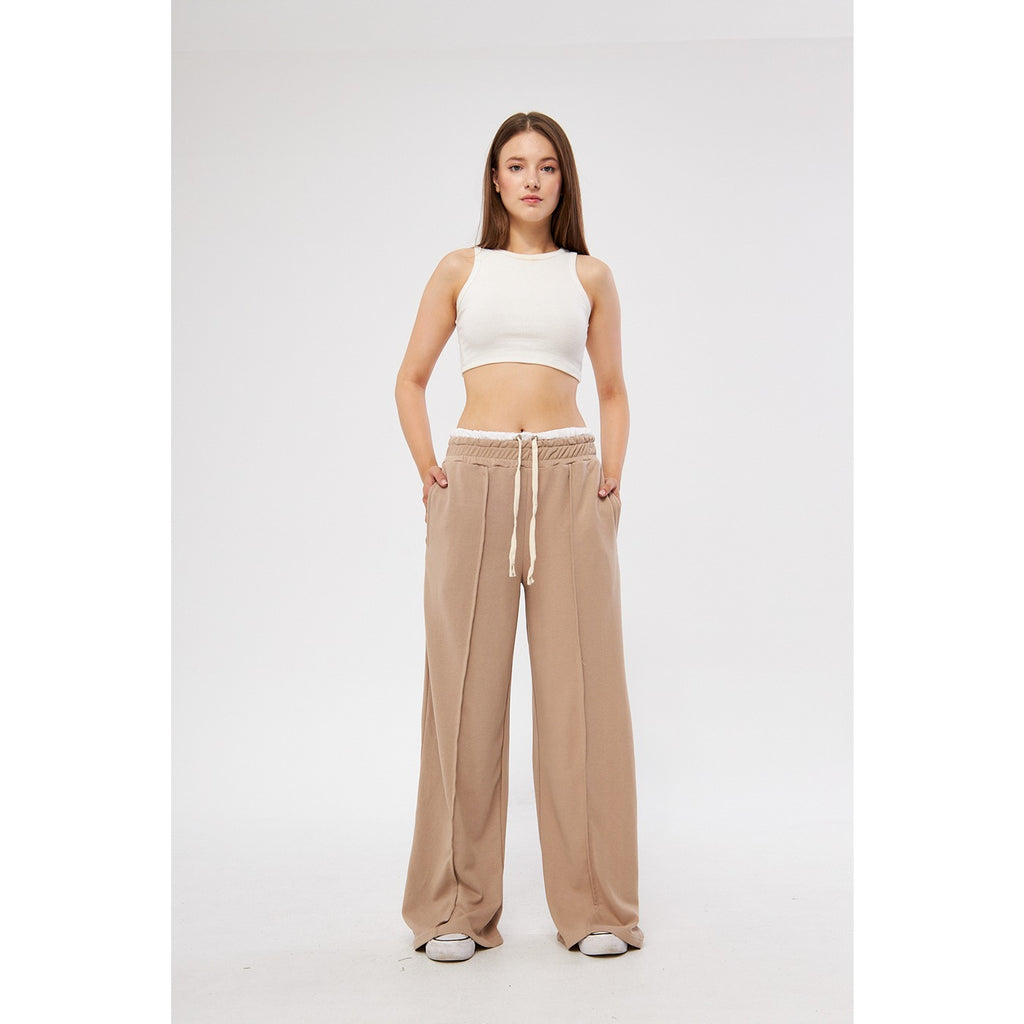 Beige Wide Leg Belt Contrast Trousers | Montivo Pakistan