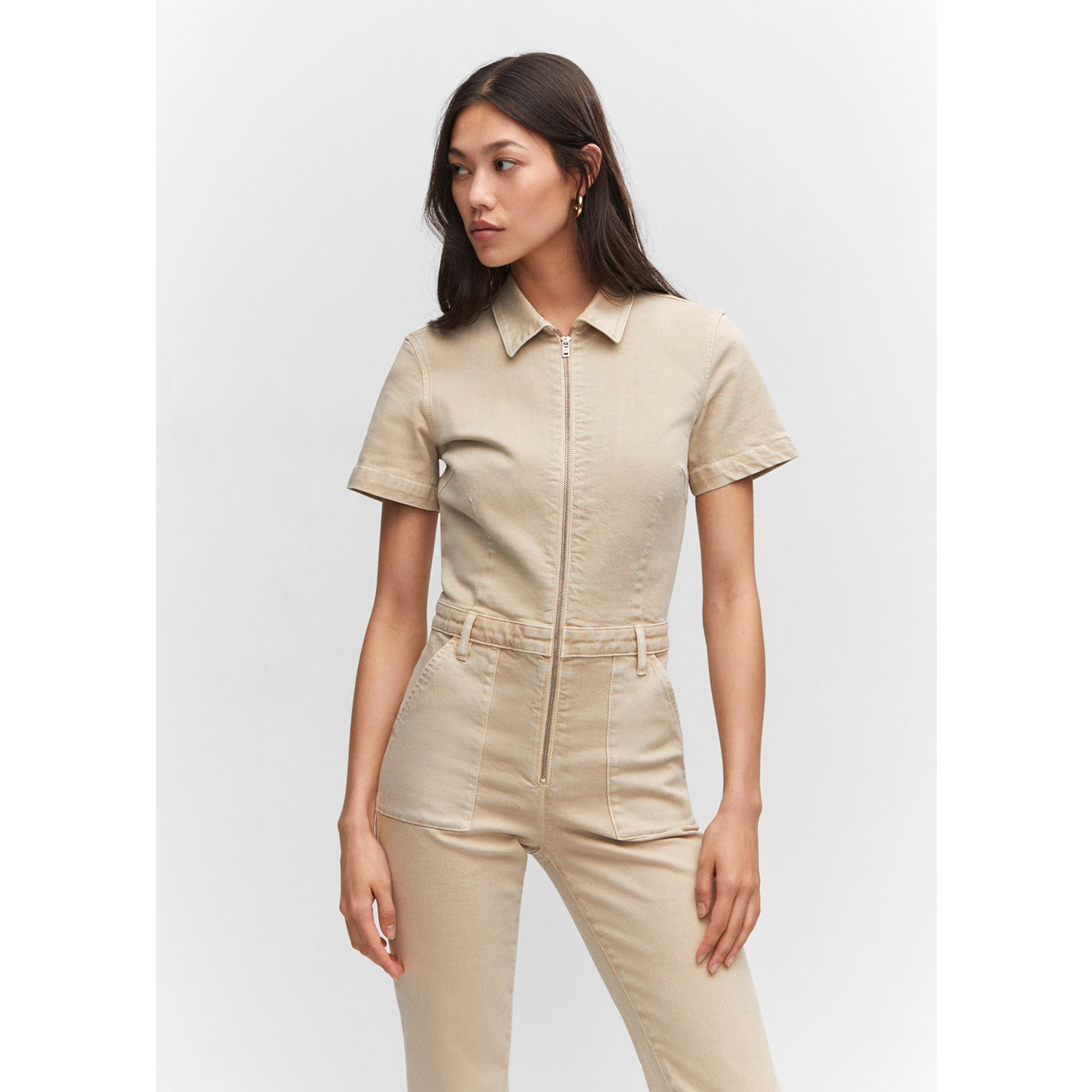 Beige Denim Zipper Jumpsuit | Montivo Pakistan