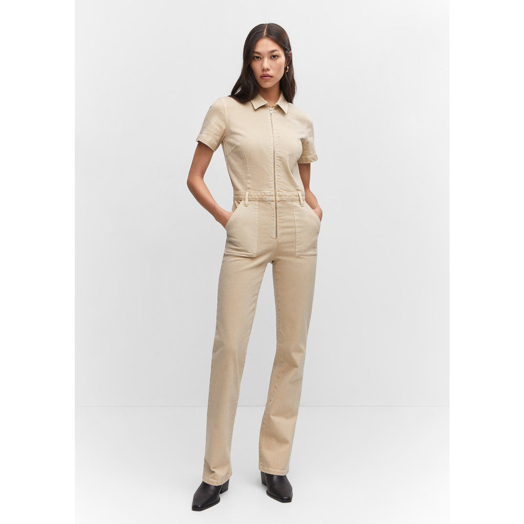 Beige Denim Zipper Jumpsuit | Montivo Pakistan