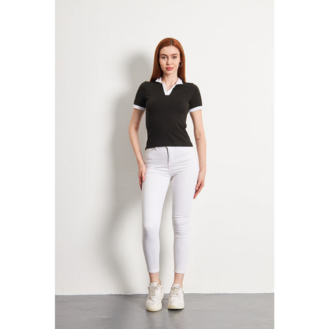 Black White Rib Knit Polo | Montivo Pakistan