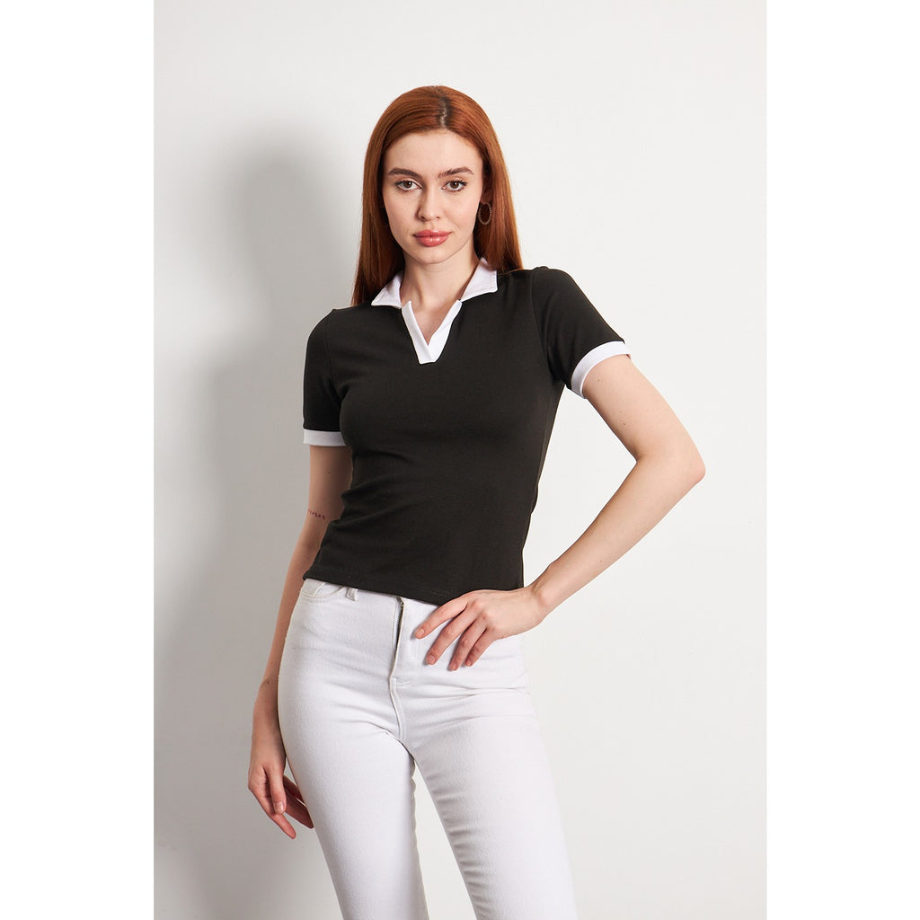 Black White Rib Knit Polo | Montivo Pakistan