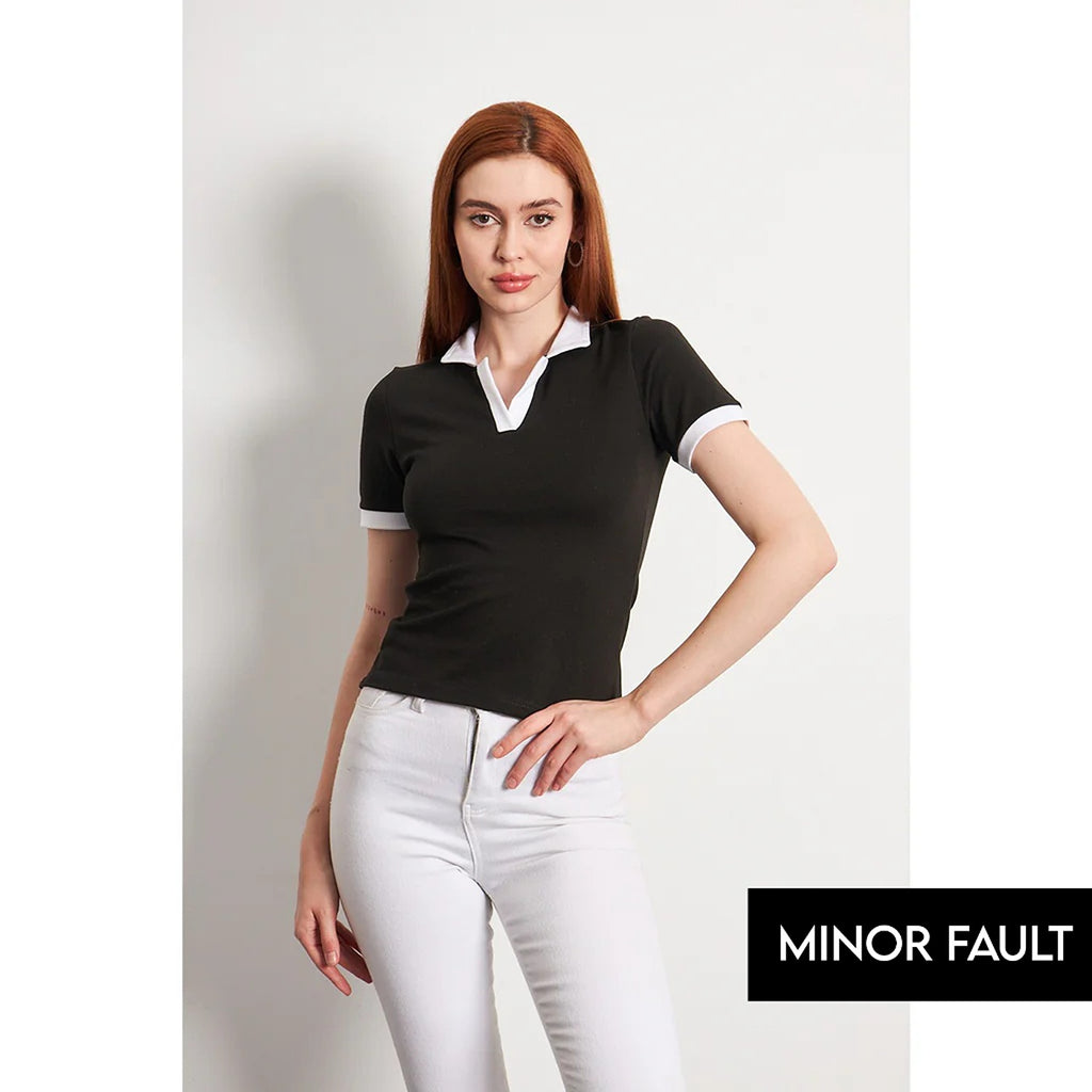 (Minor Fault) Black White Rib Knit Polo | Montivo Pakistan