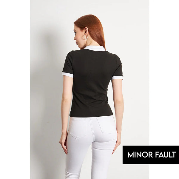 (Minor Fault) Black White Rib Knit Polo | Montivo Pakistan