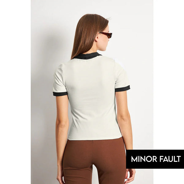 (Minor Fault) White Black Rib Knit Polo | Montivo Pakistan