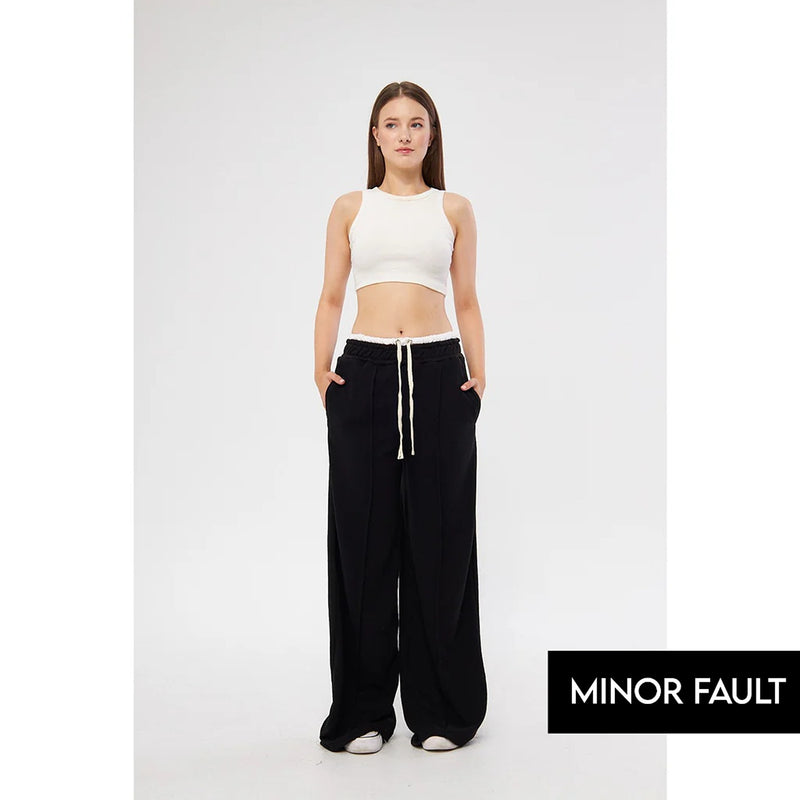 (Minor Fault) Black Wide Leg Belt Contrast Trousers | Montivo Pakistan