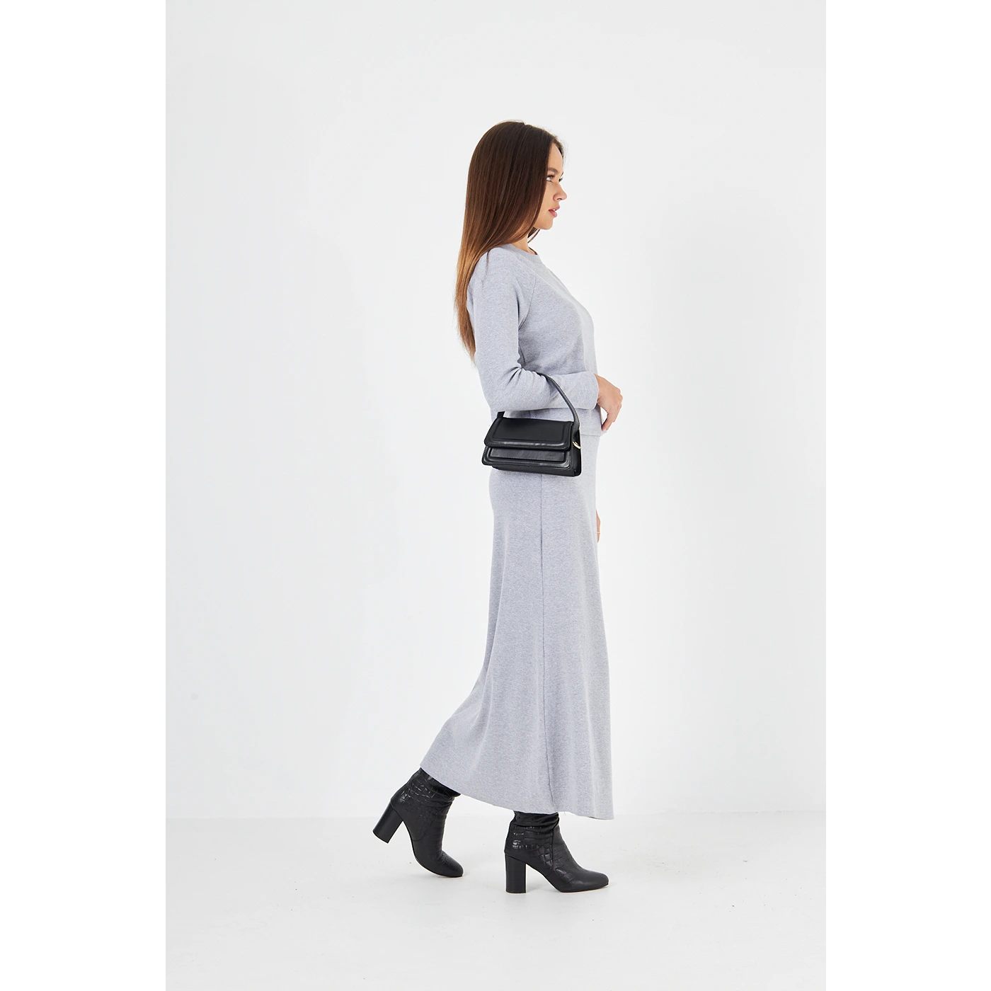 Grey Ribbed Top & Skirt Matching Set | Montivo Pakistan