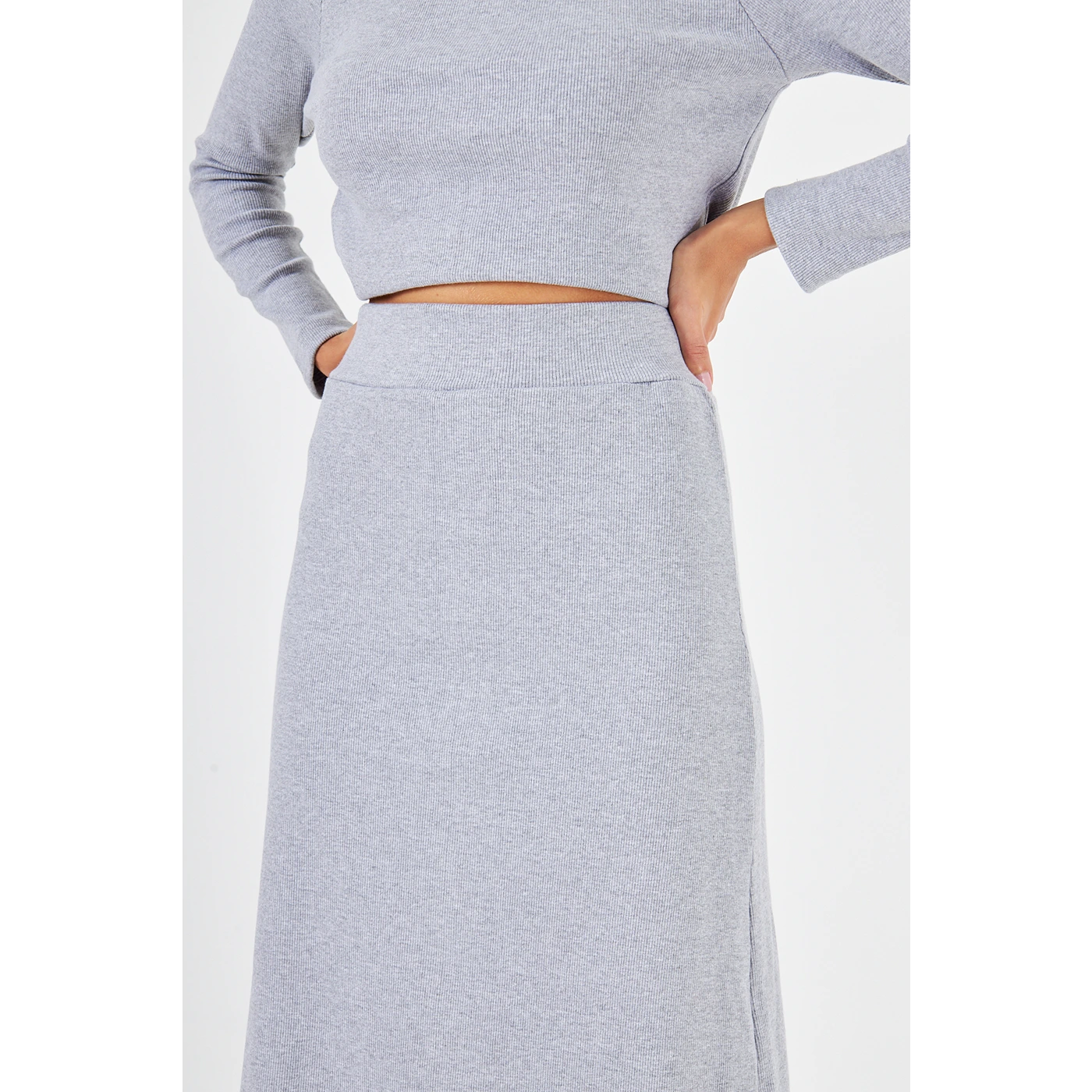 Grey Ribbed Top & Skirt Matching Set | Montivo Pakistan