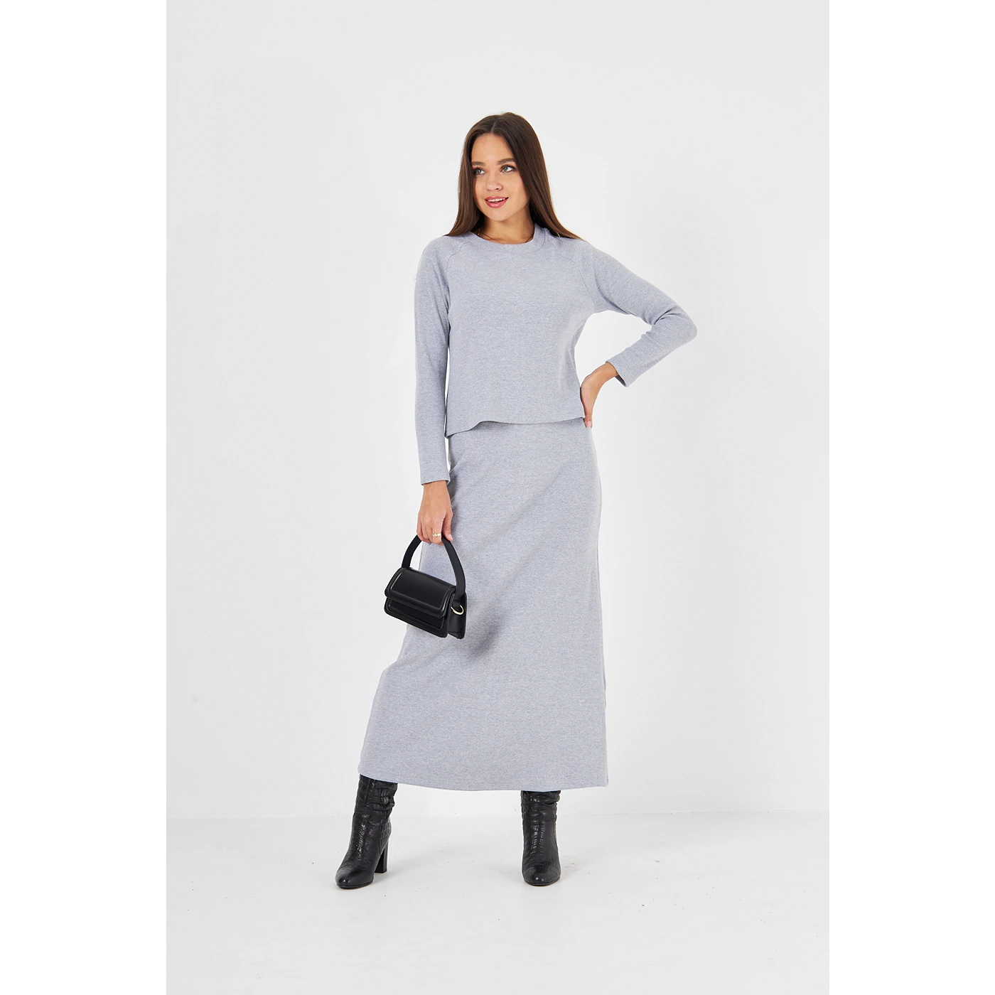 Grey Ribbed Top & Skirt Matching Set | Montivo Pakistan
