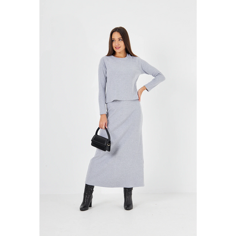 Grey Ribbed Top & Skirt Matching Set | Montivo Pakistan