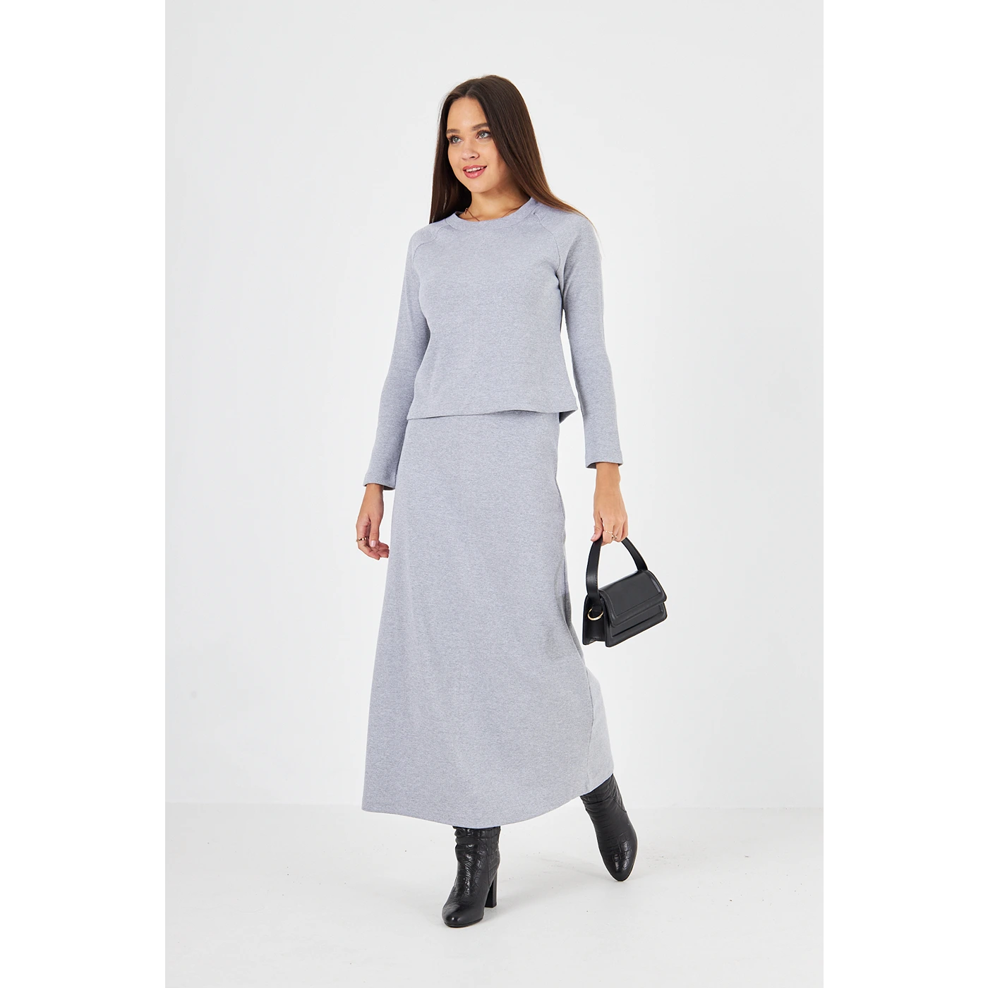 Grey Ribbed Top & Skirt Matching Set | Montivo Pakistan