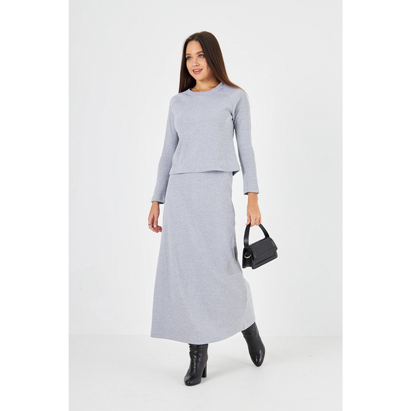 Grey Ribbed Top & Skirt Matching Set | Montivo Pakistan