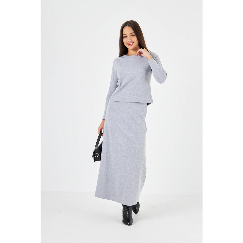 Grey Ribbed Top & Skirt Matching Set | Montivo Pakistan