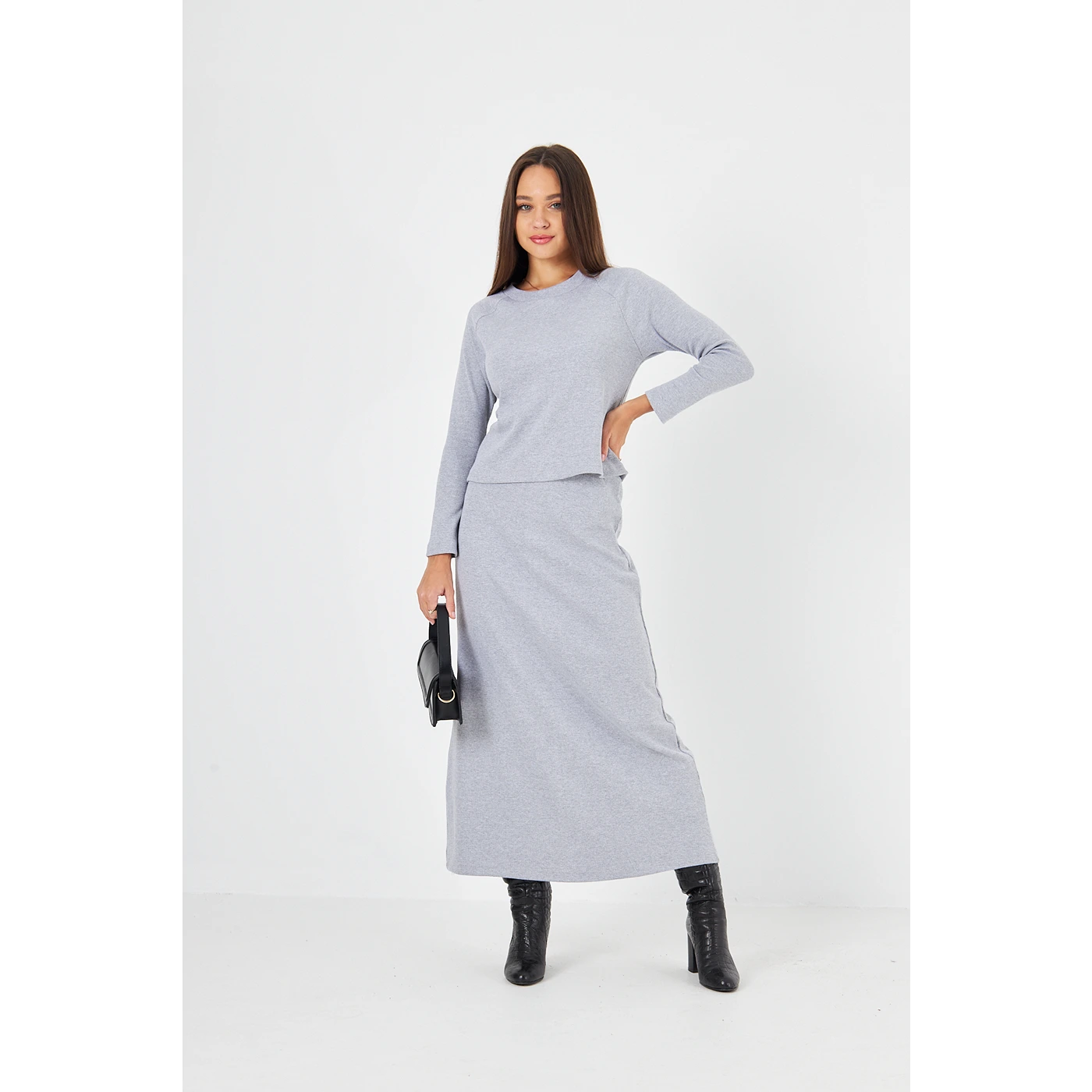 Grey Ribbed Top & Skirt Matching Set | Montivo Pakistan