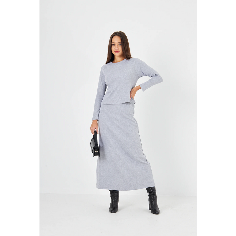 Grey Ribbed Top & Skirt Matching Set | Montivo Pakistan