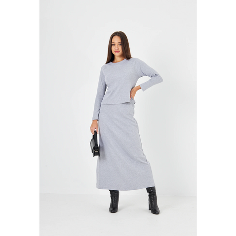 Grey Ribbed Top & Skirt Matching Set | Montivo Pakistan