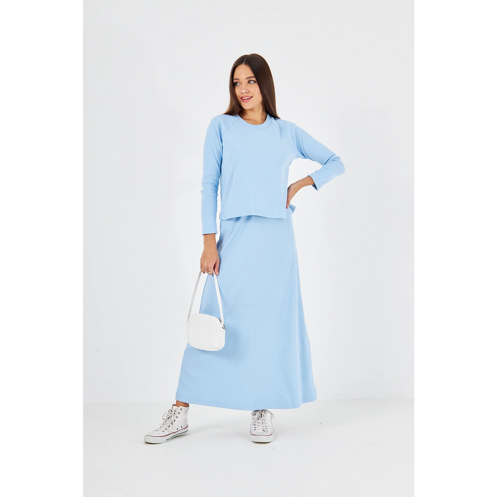 Light Blue Ribbed Top & Skirt Matching Set | Montivo Pakistan