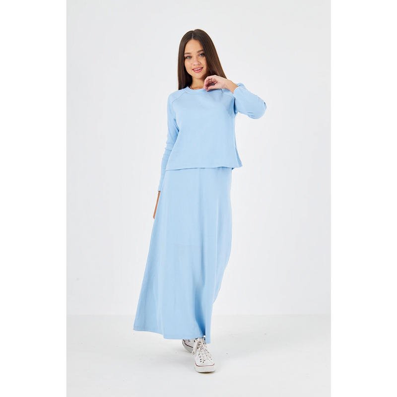 Light Blue Ribbed Top & Skirt Matching Set | Montivo Pakistan