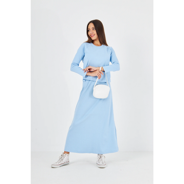 Light Blue Ribbed Top & Skirt Matching Set | Montivo Pakistan