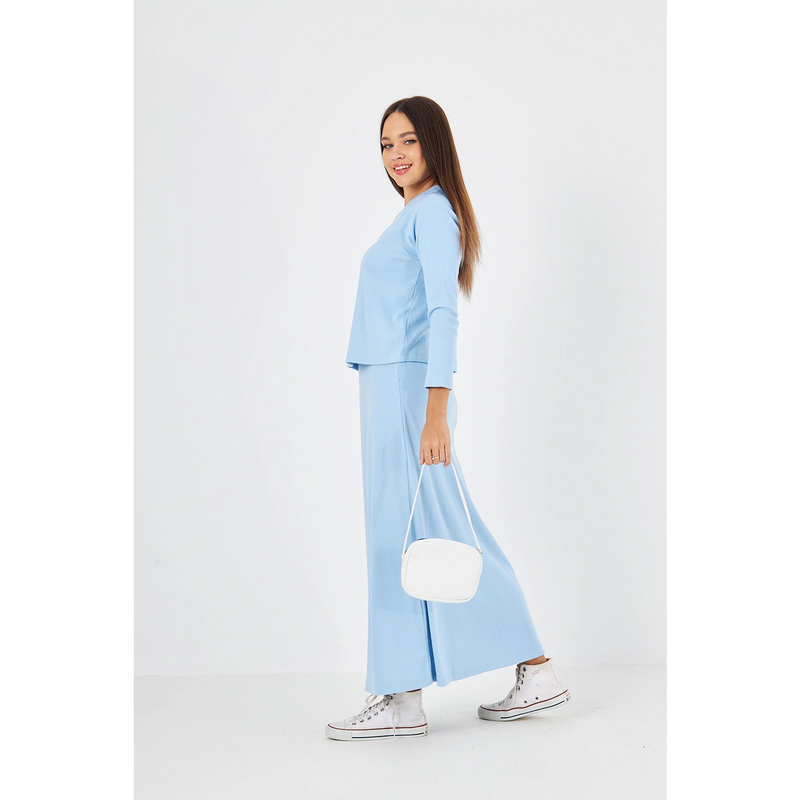 Light Blue Ribbed Top & Skirt Matching Set | Montivo Pakistan