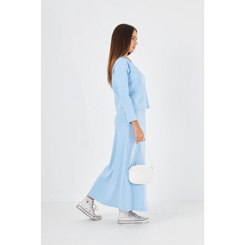 Light Blue Ribbed Top & Skirt Matching Set | Montivo Pakistan