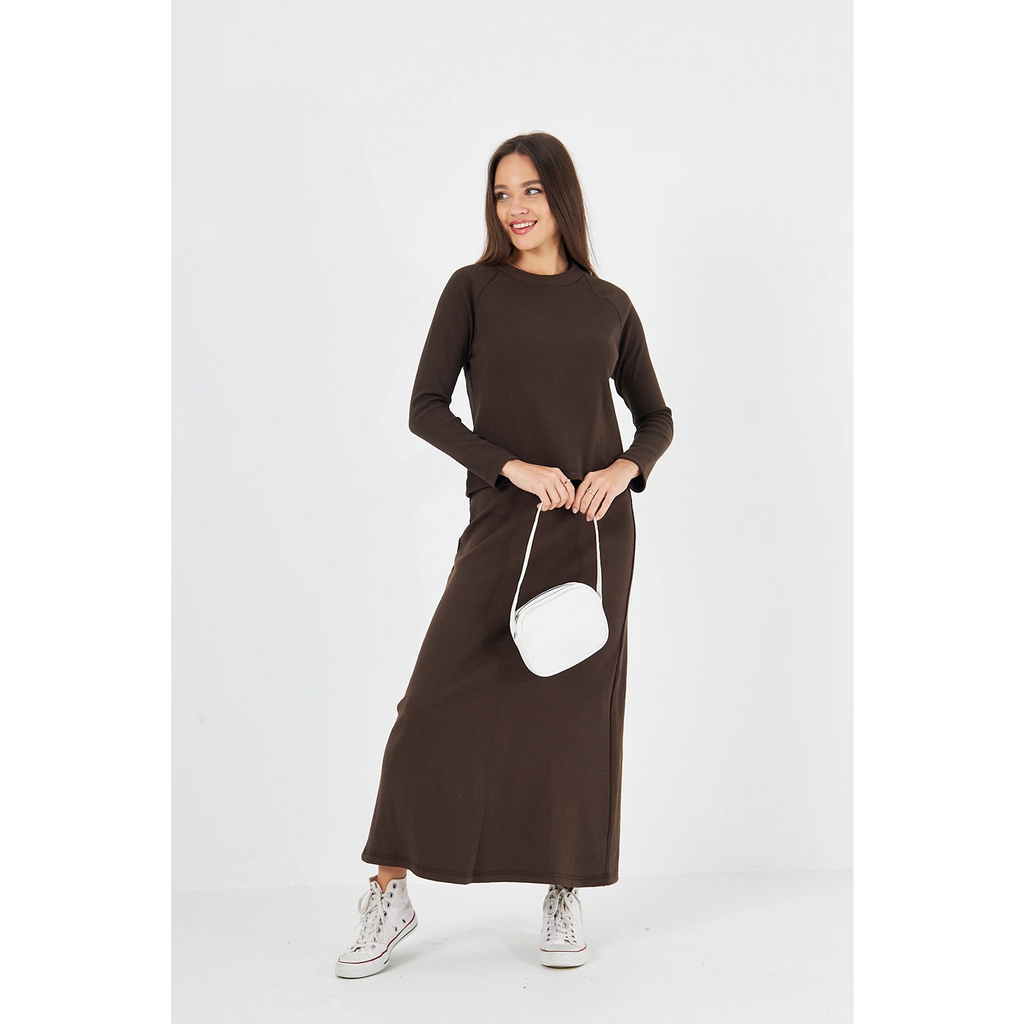 Brown Ribbed Top & Skirt Matching Set | Montivo Pakistan