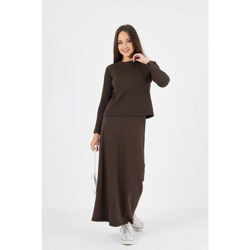 Brown Ribbed Top & Skirt Matching Set | Montivo Pakistan