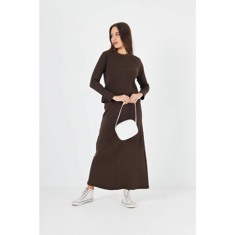 Brown Ribbed Top & Skirt Matching Set | Montivo Pakistan