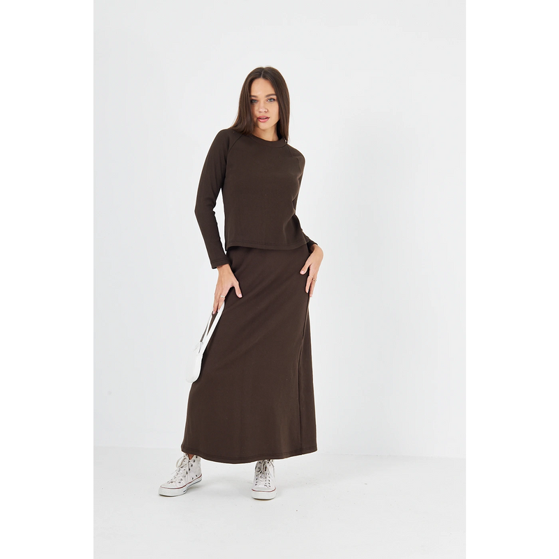 Brown Ribbed Top & Skirt Matching Set | Montivo Pakistan