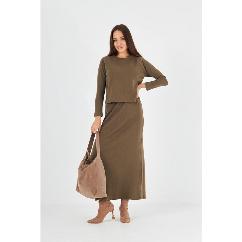 Green Ribbed Top & Skirt Matching Set | Montivo Pakistan
