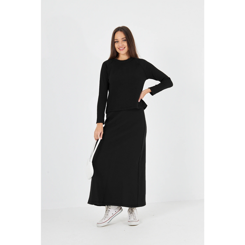 Black Ribbed Top & Skirt Matching Set | Montivo Pakistan