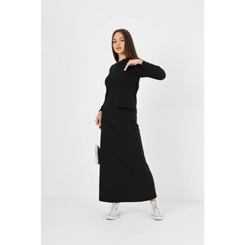 Black Ribbed Top & Skirt Matching Set | Montivo Pakistan