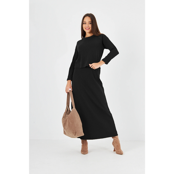 Black Ribbed Top & Skirt Matching Set | Montivo Pakistan