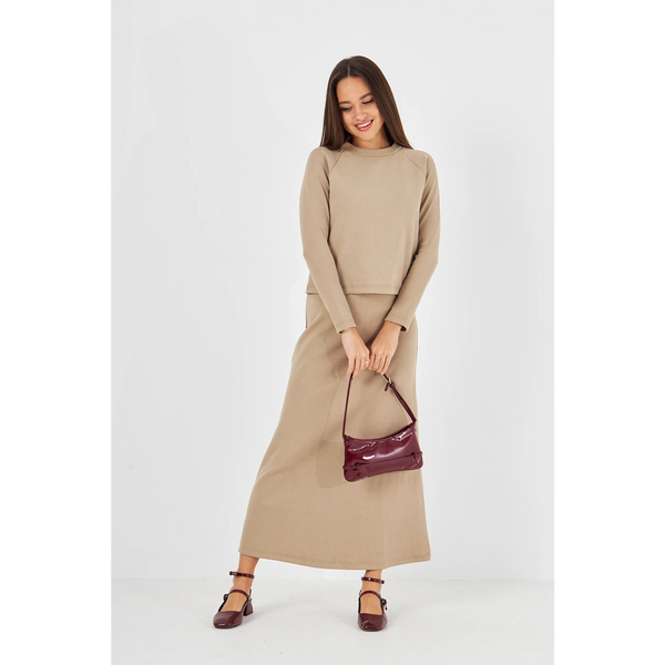 Beige Ribbed Top & Skirt Matching Set | Montivo Pakistan