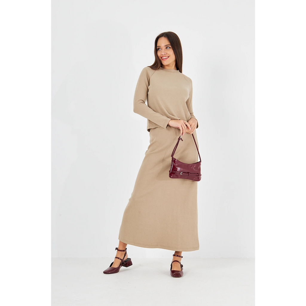 Beige Ribbed Top & Skirt Matching Set | Montivo Pakistan