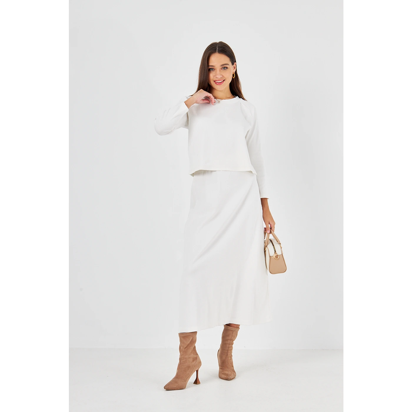 White Ribbed Top & Skirt Matching Set | Montivo Pakistan
