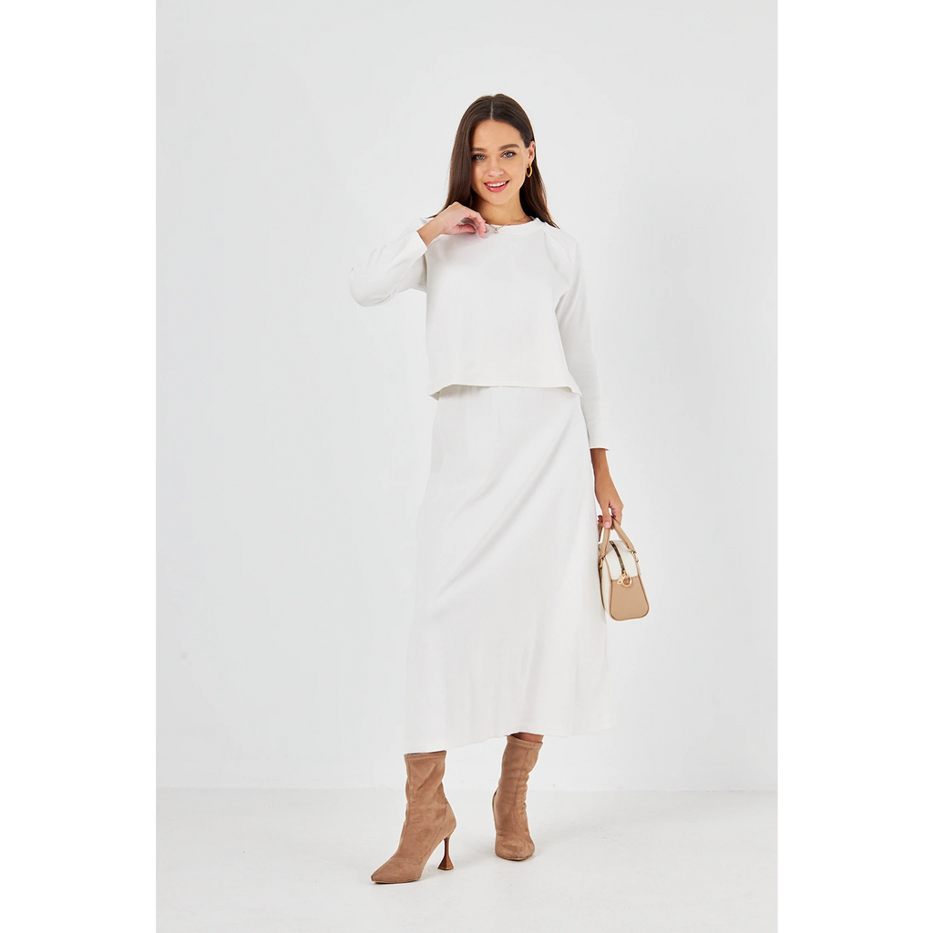 White Ribbed Top & Skirt Matching Set | Montivo Pakistan