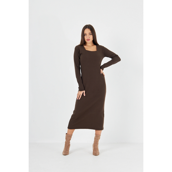 Brown Square Neck Bodycon Dress | Montivo Pakistan