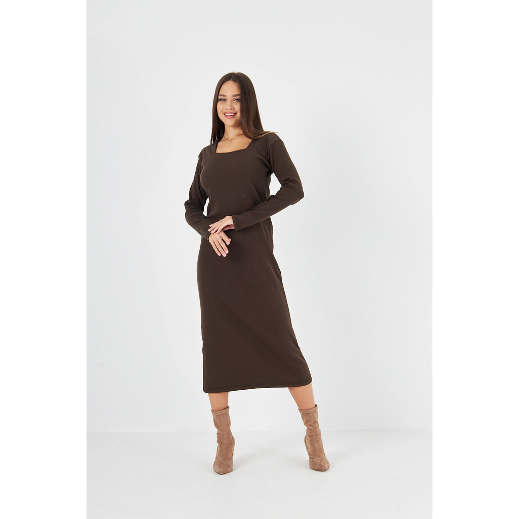 Brown Square Neck Bodycon Dress | Montivo Pakistan