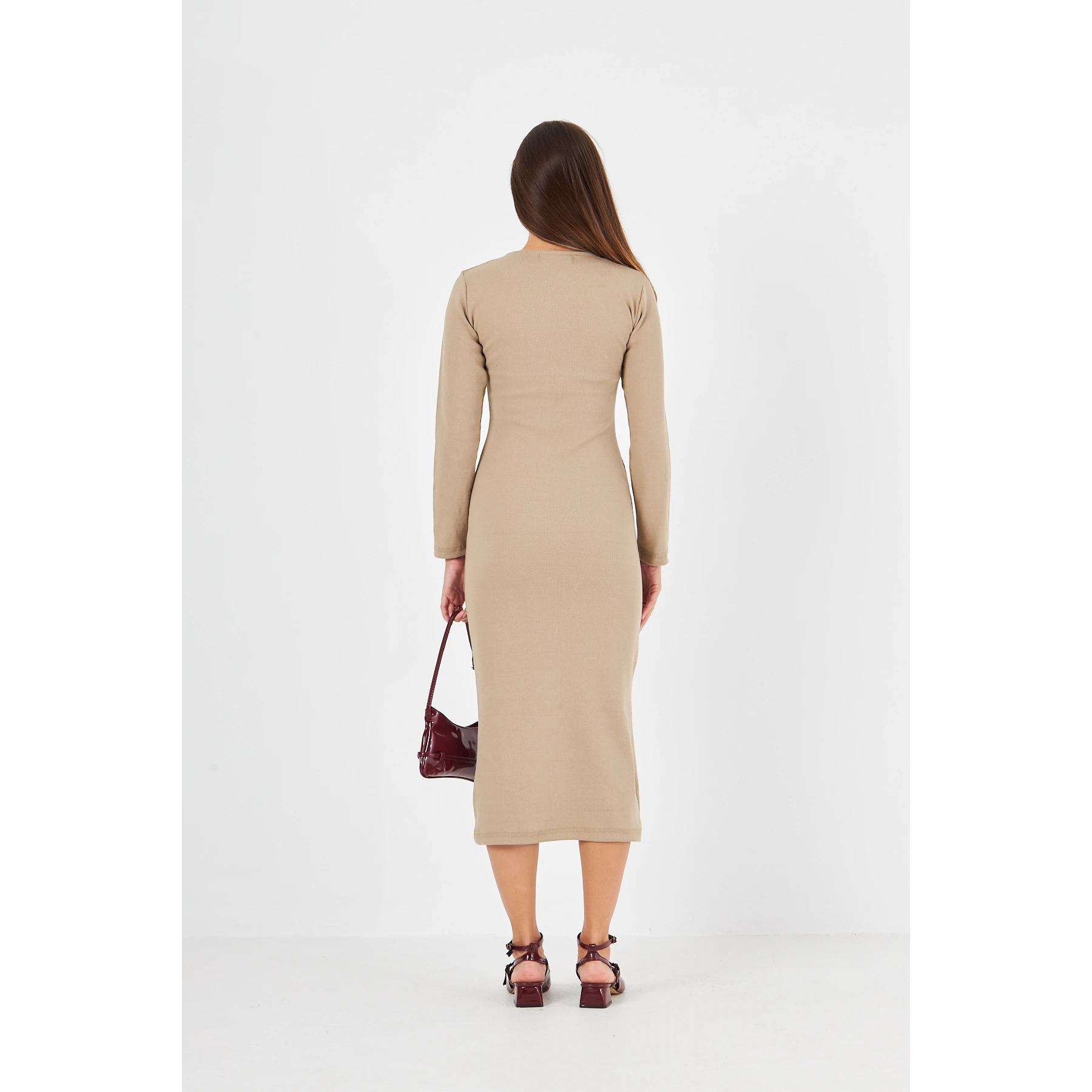 Beige Square Neck Bodycon Dress | Montivo Pakistan