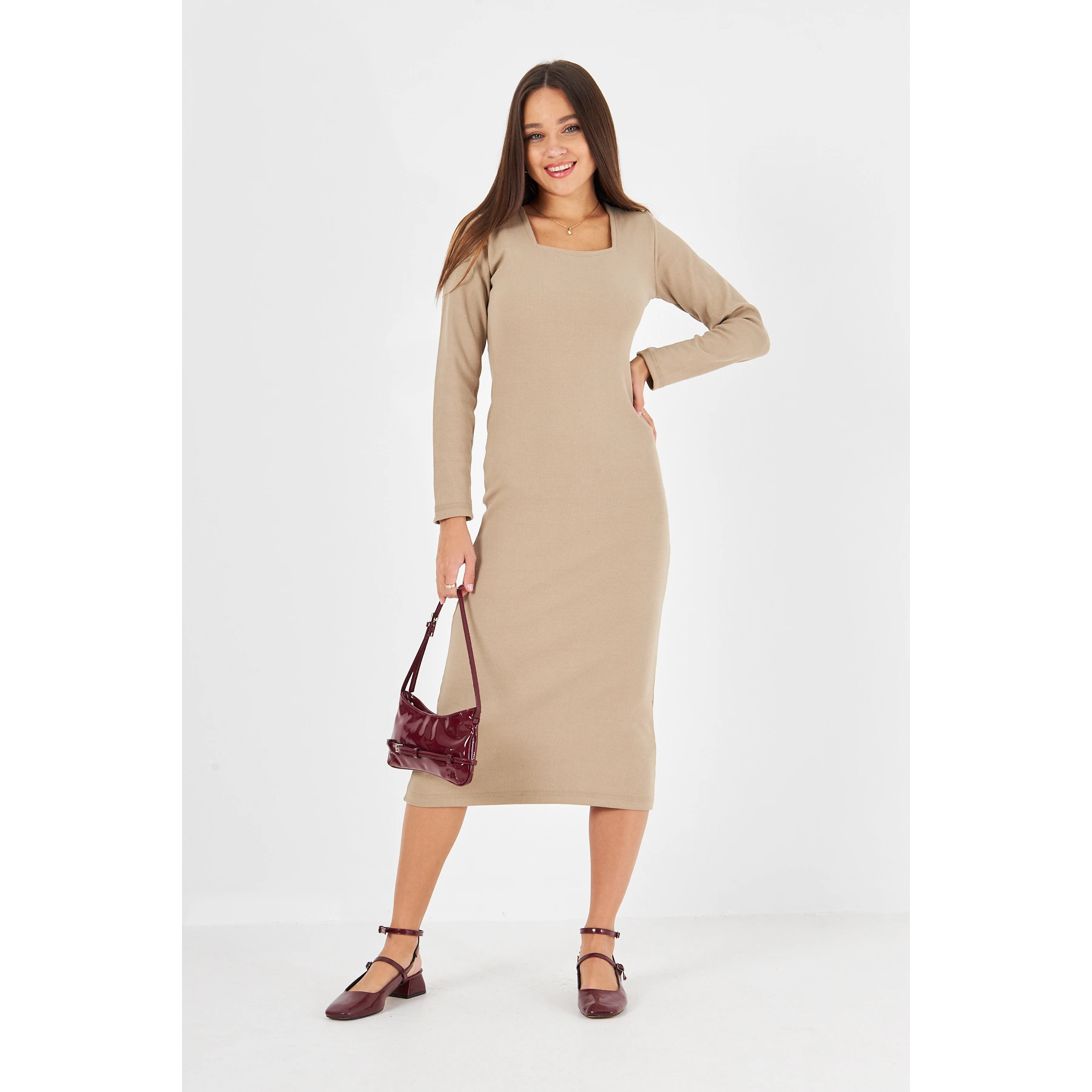 Beige Square Neck Bodycon Dress | Montivo Pakistan
