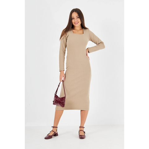 Beige Square Neck Bodycon Dress | Montivo Pakistan