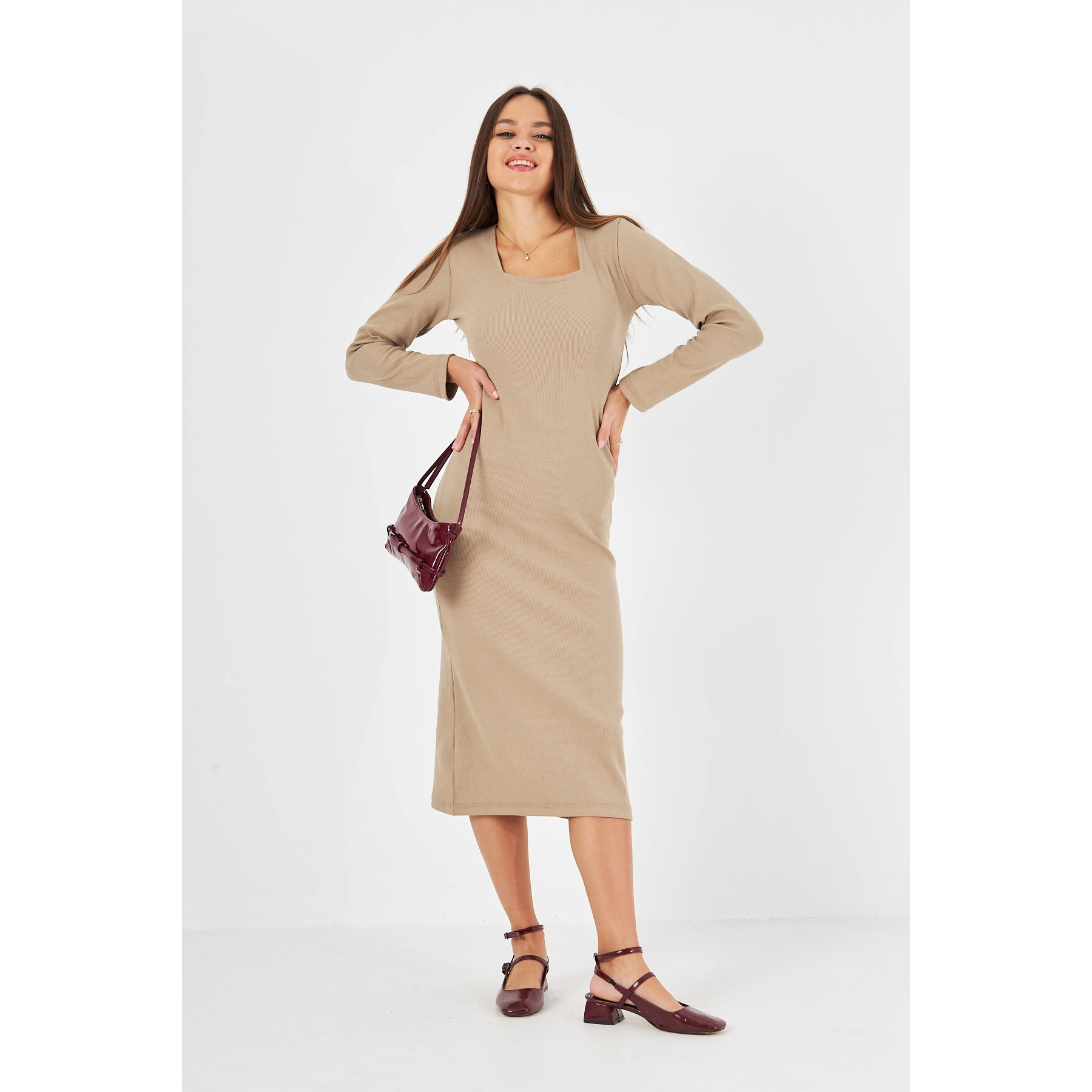 Beige Square Neck Bodycon Dress | Montivo Pakistan