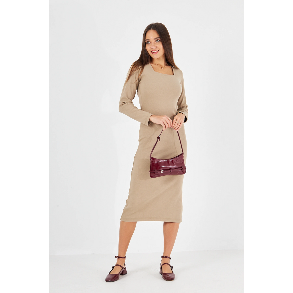 Beige Square Neck Bodycon Dress | Montivo Pakistan